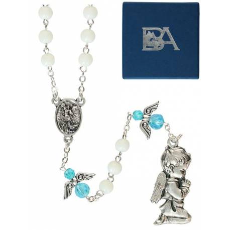 Chapelet Verre bleu clair St Michel + ange + Ecrin