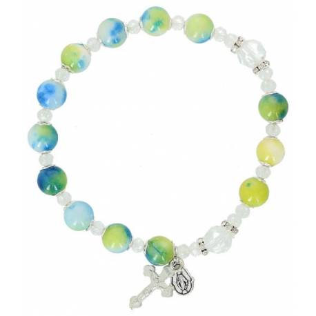 Armband op elastiek Groen-blauw-wit + Med + Kruisje 