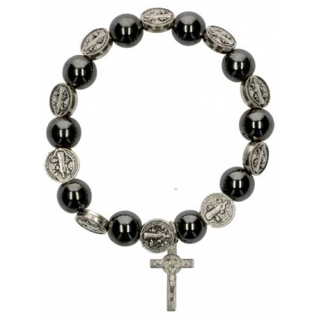 Bracelet s/élastique - médailles St Benoit - hématite