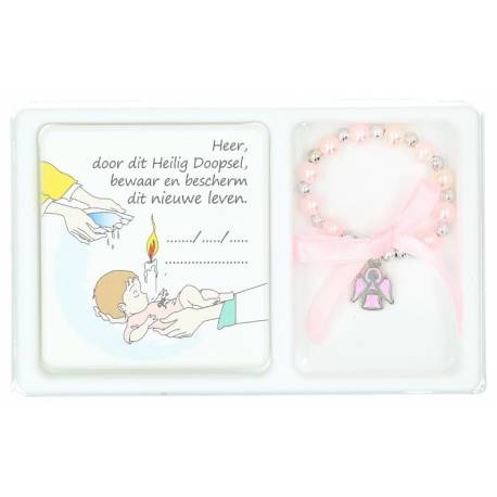 Set bracelet rose sur élast + cadre baptême + Boîte