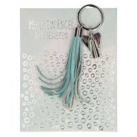 Sleutelhanger met zilveren metalen engel en turquoise franjes van imitatieleer 