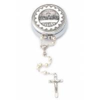 Chapelet blanc de communion + Boîte argentée Dern. Cène Diam 56 mm