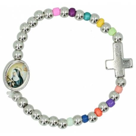 Armband op elastiek verzilverd en multicolor + med H Rita 
