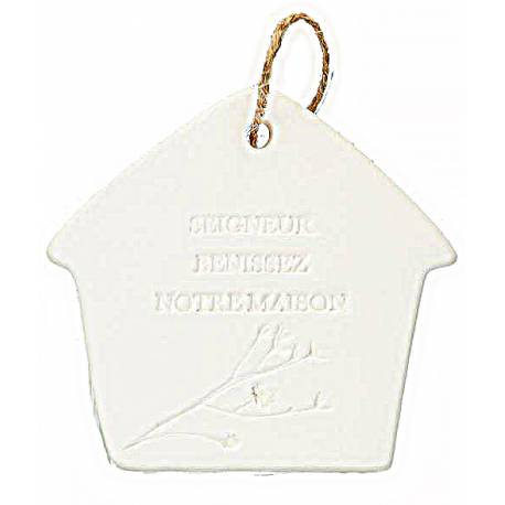 Maison en porcelaine blanche avec texte "Seigneur bénissez notre maison"