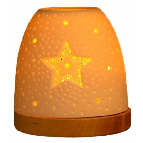 Porselein theelichthouder met hout voet Ster 