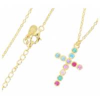 Croix en plaqué or avec strass coloré 22 x 16 mm + chaine 38 cm