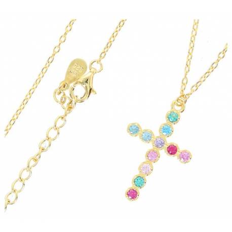 Croix en plaqué or avec strass coloré 22 x 16 mm + chaine 38 cm