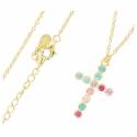 Croix en plaqué or avec strass coloré 22 x 16 mm + chaine 38 cm