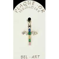 Kruisje plaqué-goud met gekleure strass 20 x 13 mm 