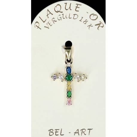 Kruisje plaqué-goud met gekleure strass 20 x 13 mm 