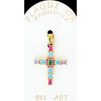 Pendentif croix argent doré avec zircons multicolores 24 x19 mm