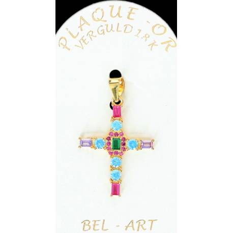 Pendentif croix argent doré avec zircons multicolores 24 x19 mm