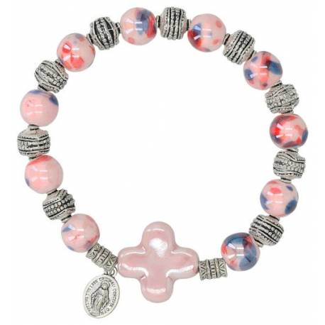 Bracelet s/élastique Verre rose + méd. miraculeuse
