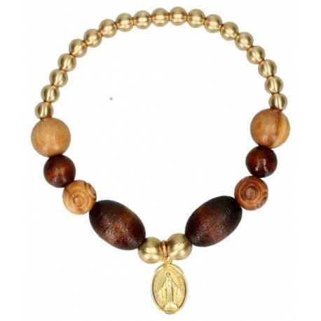 Bracelet sur élastique - Bois et laiton + Méd. Miraculeuse