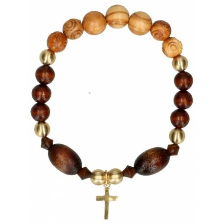 Bracelet sur élastique - Bois et laiton + Croix dorée