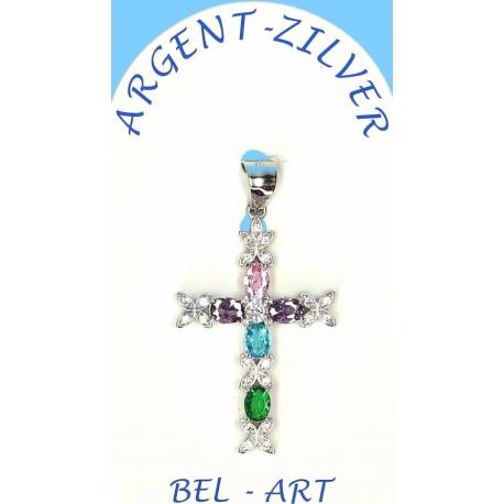 Pendentif croix argent avec zircons multicolores 25 x15 mm