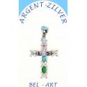 Pendentif croix argent avec zircons multicolores 25 x15 mm