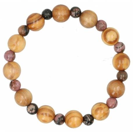 Armband op elastiek Rhodonit / Olijvenhout 10 mm 