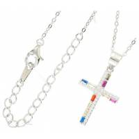 Kruisje in zilver met rhodium + veelkleurige zirkonen + ketting 