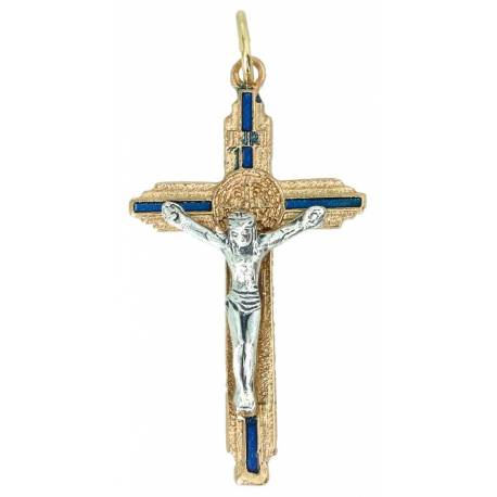 Croix St Benoît - 40 mm - Métal doré émail bleu