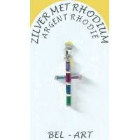 Zilver kruis hanger met veelkleurig zirkonen 20 x10 mm 