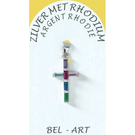 Zilver kruis hanger met veelkleurig zirkonen 20 x10 mm 