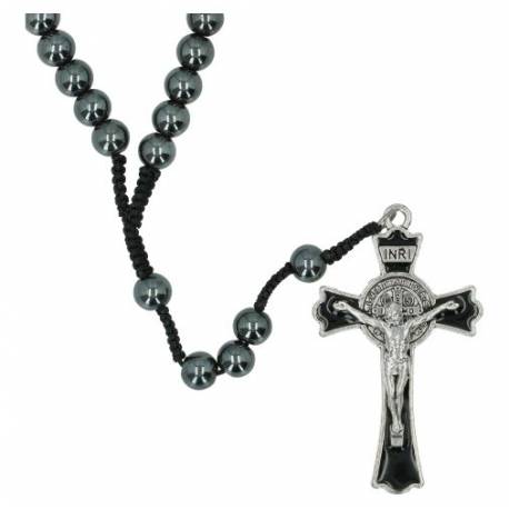 Rozenkrans op koord Hematiet St Benedictuskruis 