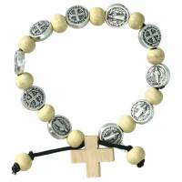 Bracelet s/corde Bois beige + Méd. St Benoît