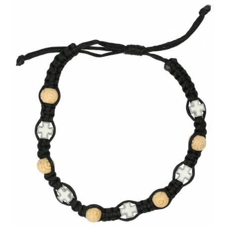 Bracelet s/corde Grains bois - Croix émail + méd. - Coul ass.