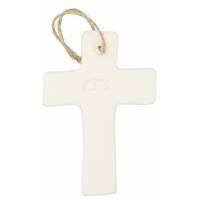 Croix en porcelaine blanche avec alliances 9.5 x 6.5 cm