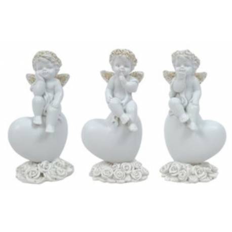 Ange blanc et or assis sur coeur 8.5 cm 3 / set