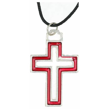 Lacet 50 cm + croix ajourée argentée + émail rouge