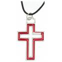 Lacet 50 cm + croix ajourée argentée + émail rouge