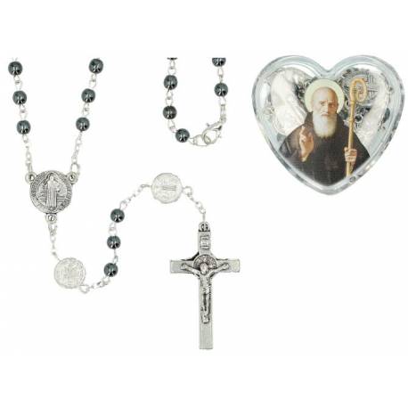 Mini chapelet St Benoit hématite + mousqueton + boîte coeur