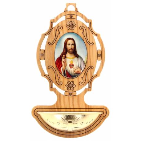 Bénitier Bois d'olivier 9 x 5.5 cm Sacré Coeur de Jésus