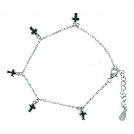 Bracelet en argent rhodié avec croix en email noir