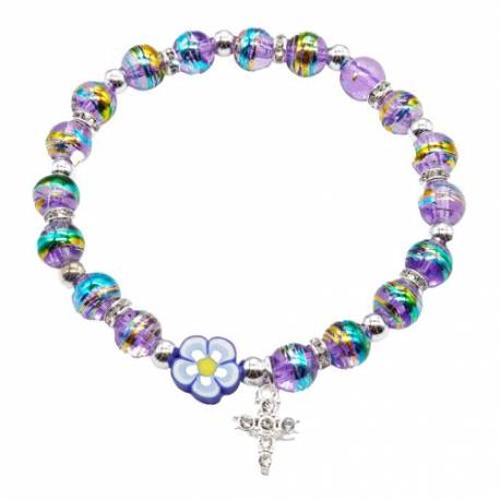 Armband op elastiek paars korrels met kruis 