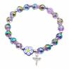 Bracelet sur élastique perles mauves et fleurs avec croix