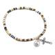 Armband op elastiek met bruine korrels + medaille and kruisje 