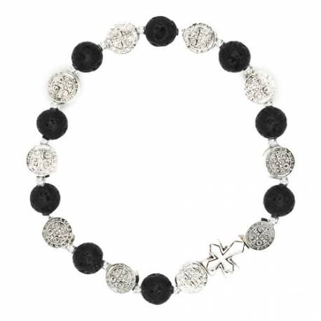 Armband op elastiek met korrels zwarte Lava + kruisje 