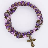 Bracelet-chapelet - grains en verres mauve- médaille Miraculeuse et croix bronzés