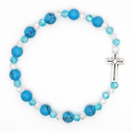 Bracelet sur élastique avec grains en pierre Turquoise + croix