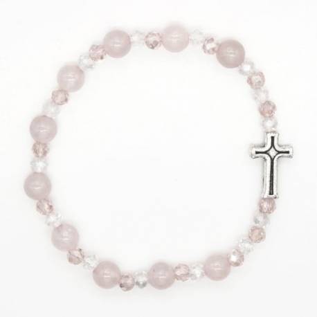 Bracelet sur élastique avec grains en pierre Agate rose + croix