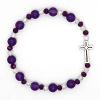 Bracelet sur élastique avec grains en pierre Jade mauve + croix