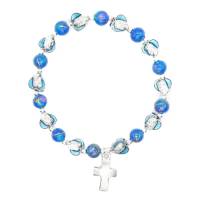 Bracelet sur élastique avec grains bleus et coeurs Miraculeuse en métal émaillé + croix
