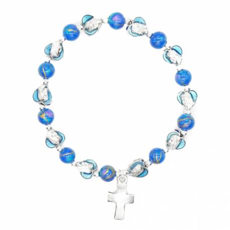 Armband op elastiek met blauwe korrels en wonderbare harten in geëmailleerd metaal + kruis 