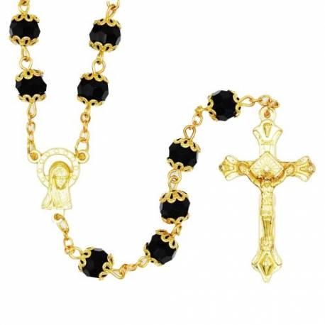 Rozenkrans zwarte kristal 8 mm op gouden ketting 