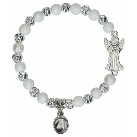 Bracelet-dizainier Ange grains verre + roses argentées+ médaille Ste Rita