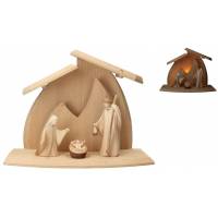 Houtsnijwerk Heilige Familie 10 cm + Kerststal met licht 