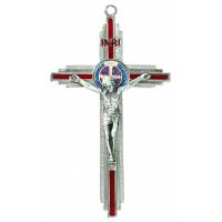 Croix St Benoît - 12 cm - Métal argenté émail rouge